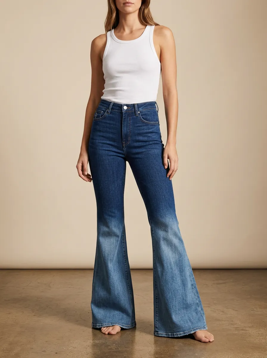 Printed Detail Contrast Stitch Ombre Finish Faded Finish Flare Jeans