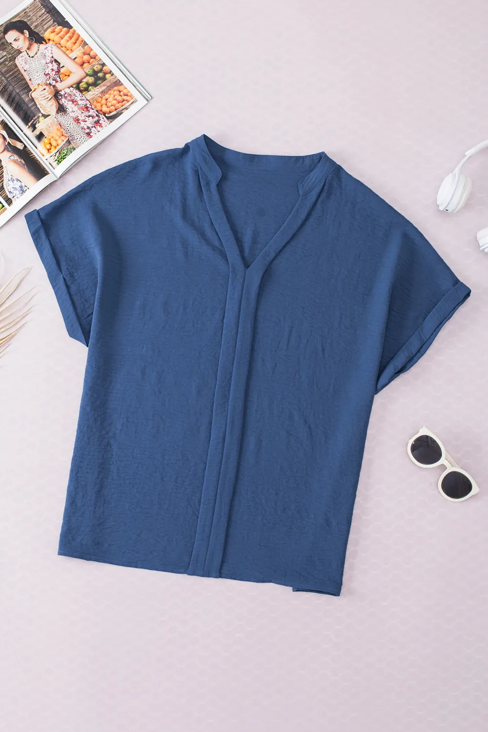 Sail Blue Notched Neck Batwing Blouse