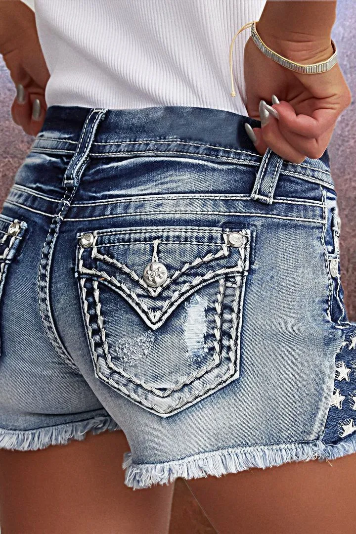 Embroidered Ripped Raw Hem Denim Shorts