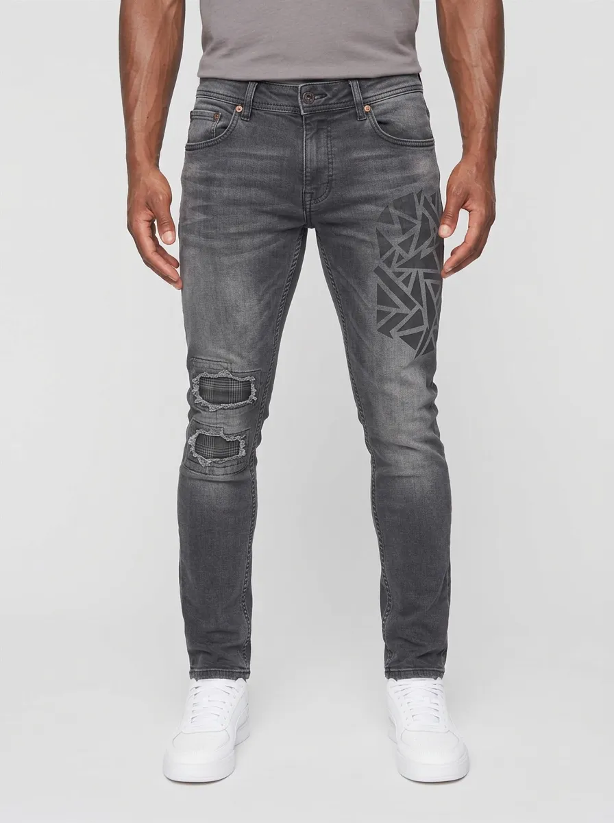 Men's Grey Geometric Pattern Plaid Patchwork Slim Fit Jeans