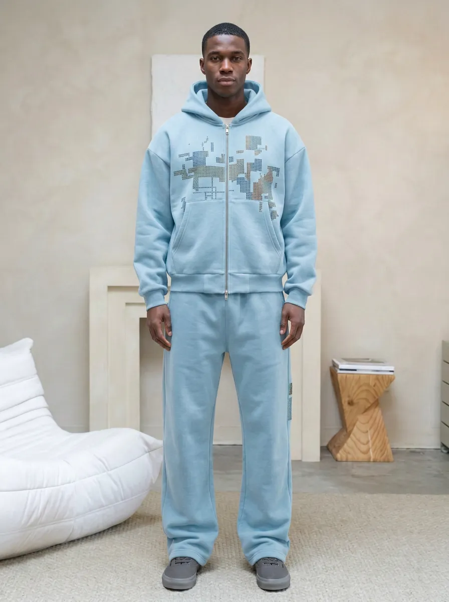 Men's Streetwear Pixel Map Graphic Printed Hooded Tracksuit