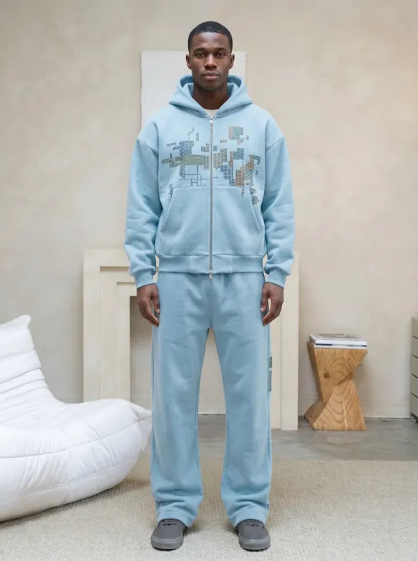 Men's Streetwear Pixel Map Graphic Printed Hooded Tracksuit
