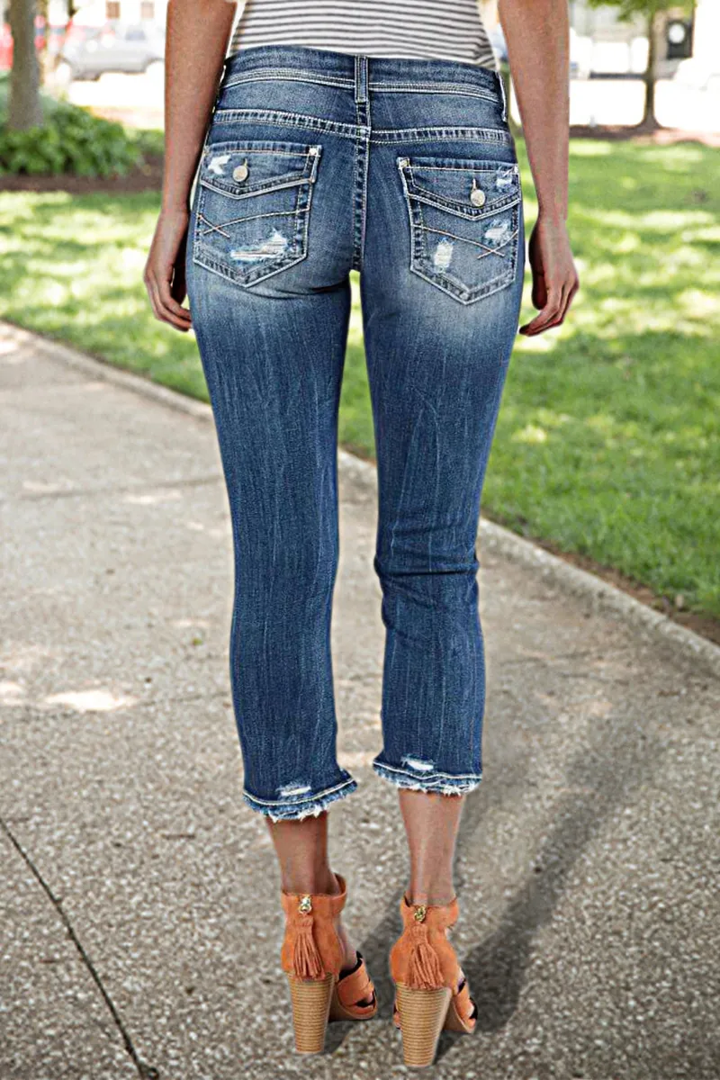 Washed Ripped Low Waist Crop Skinny Jeans