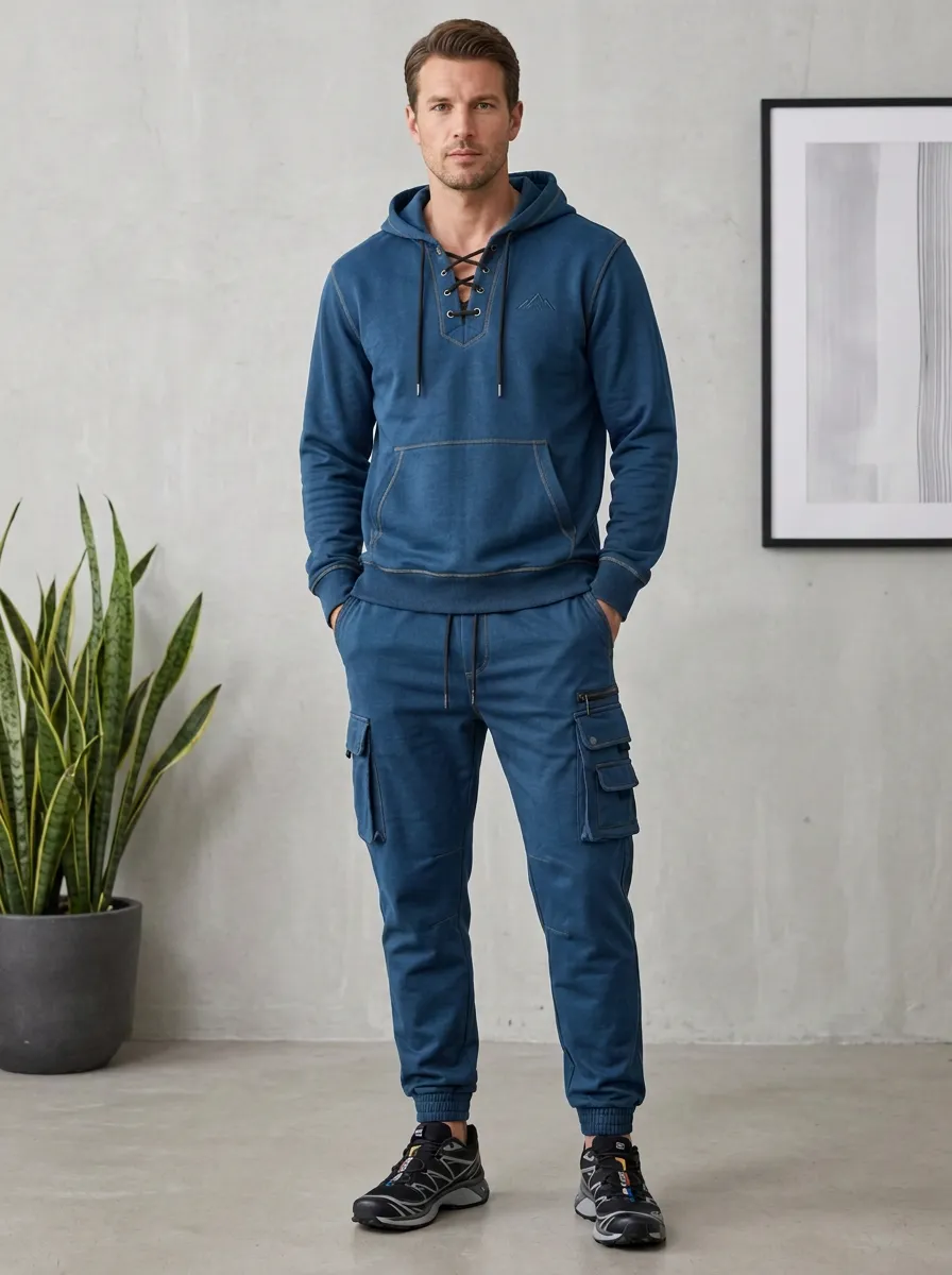 Core Lace-Up Multi Pocket Finish Men's Lace Up Hoodie And Cargo Jogger Set