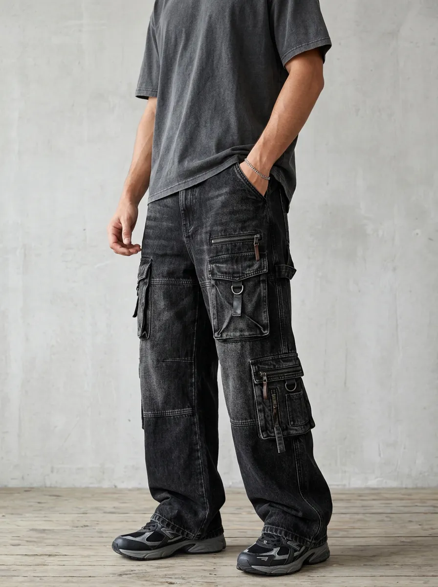 Men's Multi-Pocket Button Zip Fly Denim Cargo Pants