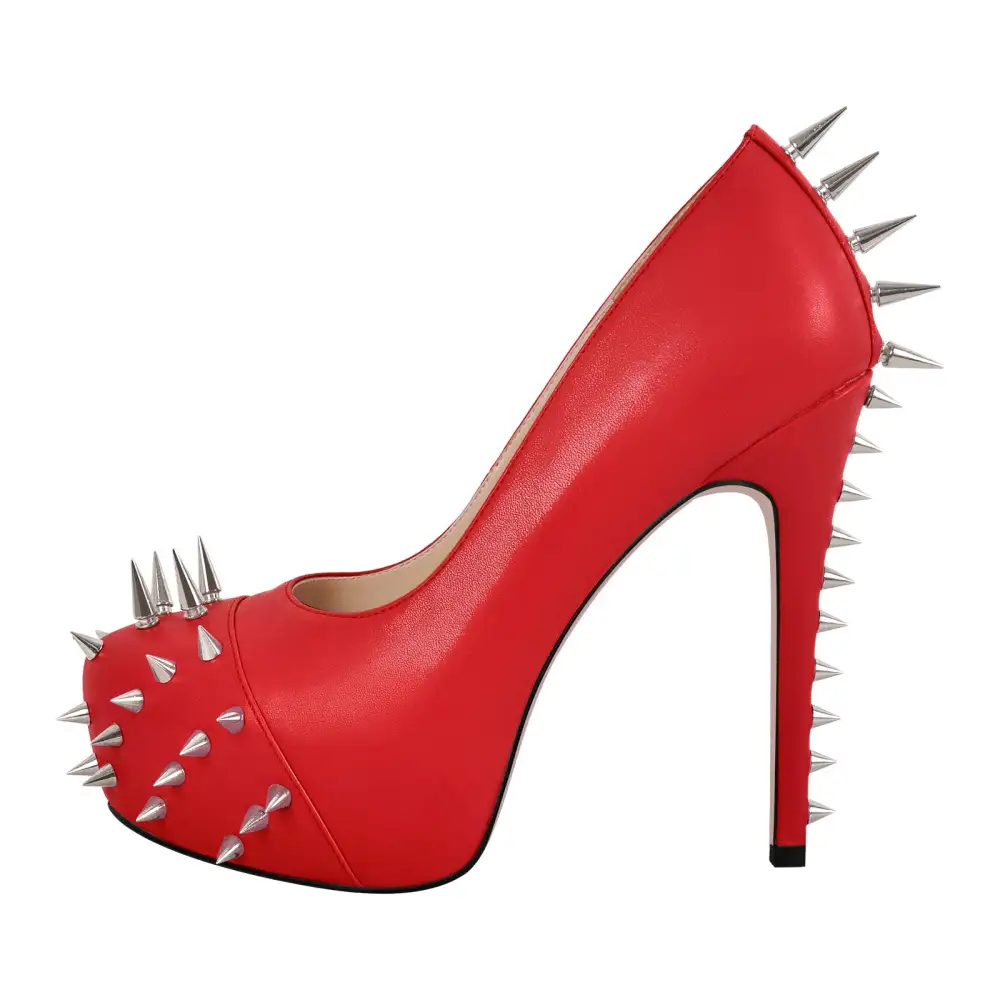 Rivet Round Toe Platform Stiletto Buckle Strap Pumps