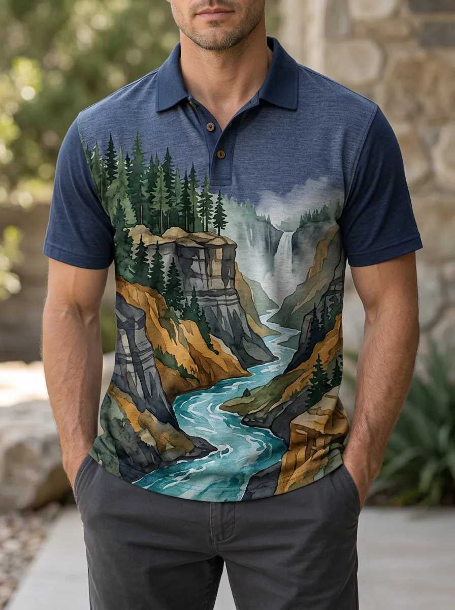 Men's Nature Lover Waterfall Forest Landscape Printed Polo Shirt