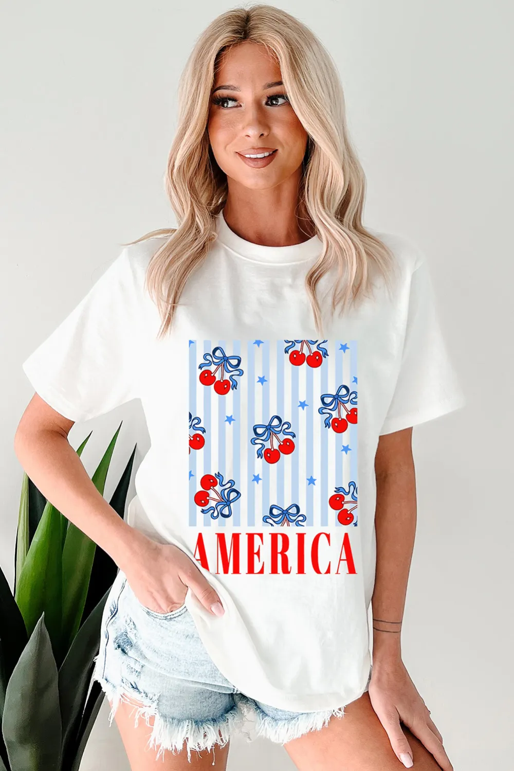 White Bow Cherry Graphic Crewneck Tee