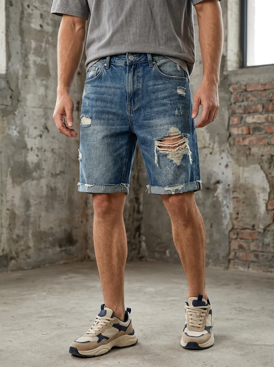 Men's Distressed Ripped Denim Rolled Hem Shorts
