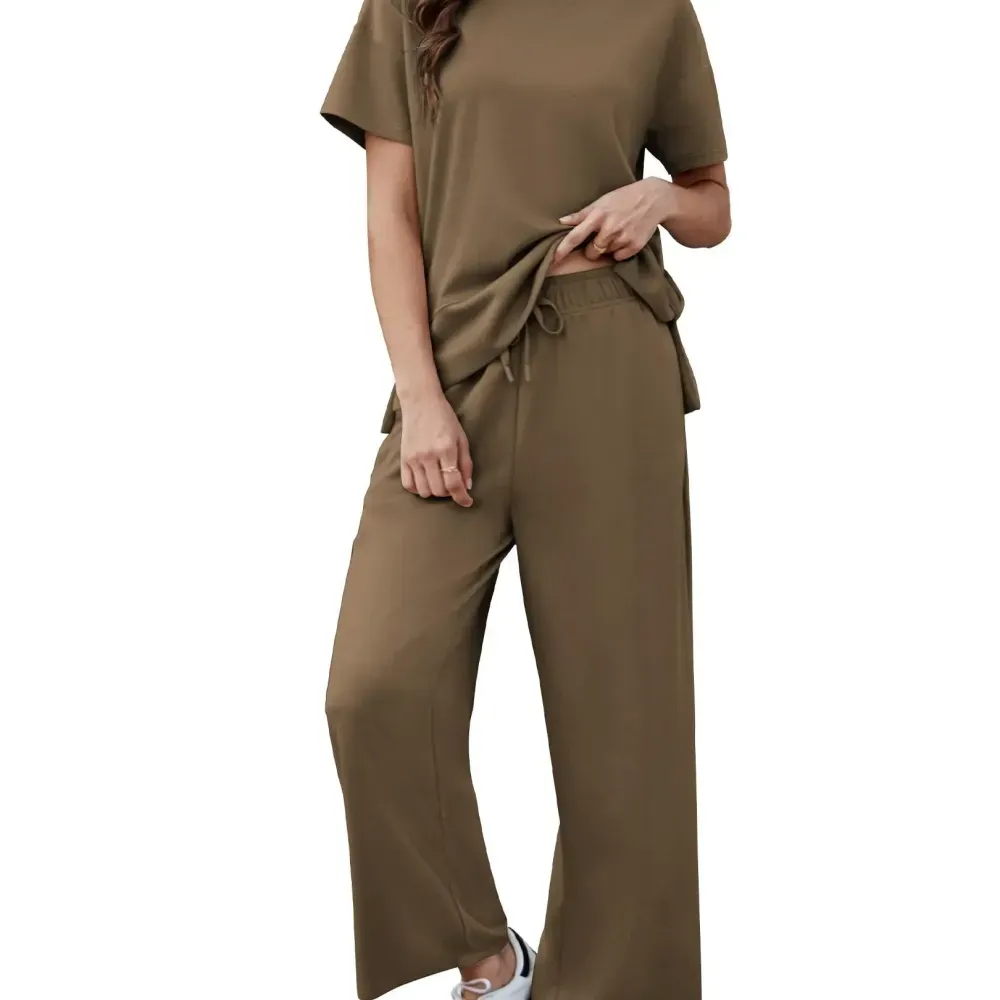 PINSPARK Women Summer Lounge Set with Short Sleeve Top & Wide Leg Pants