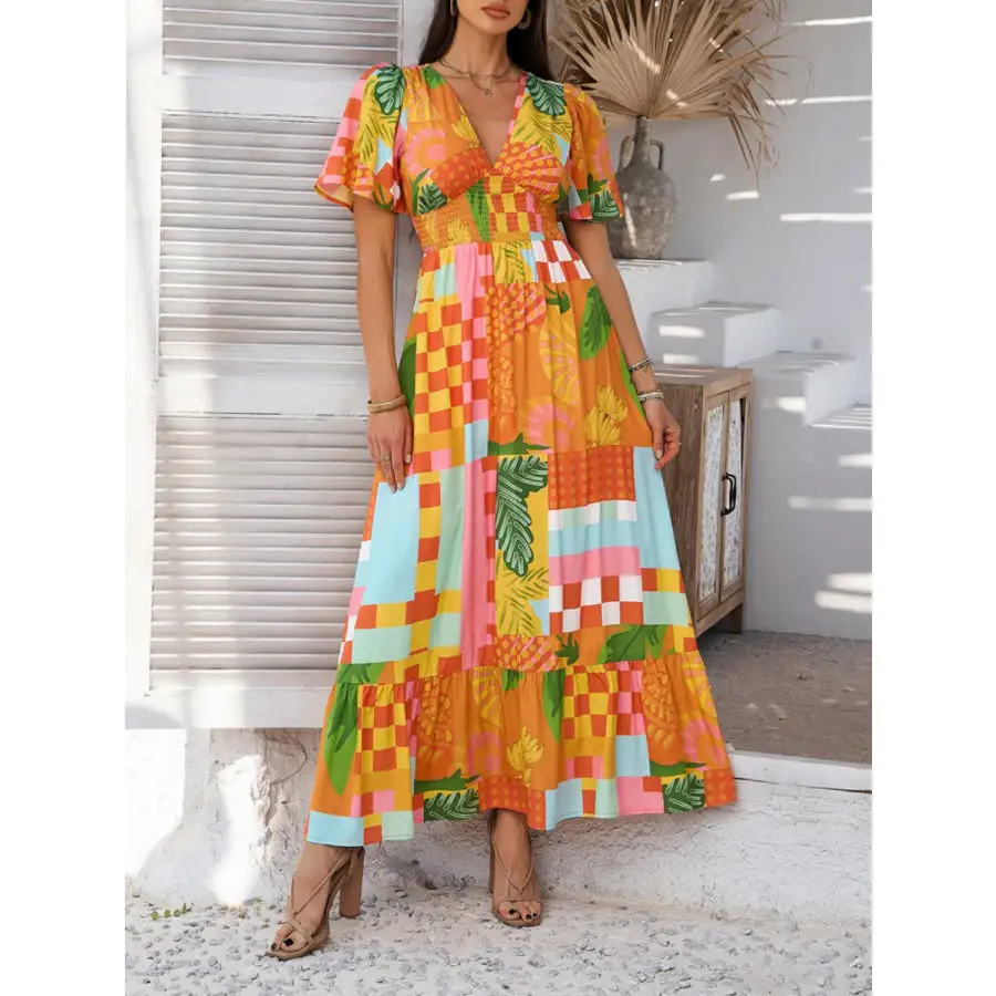 Smocked Printed V Neck Short Sleeve Maxi Dress