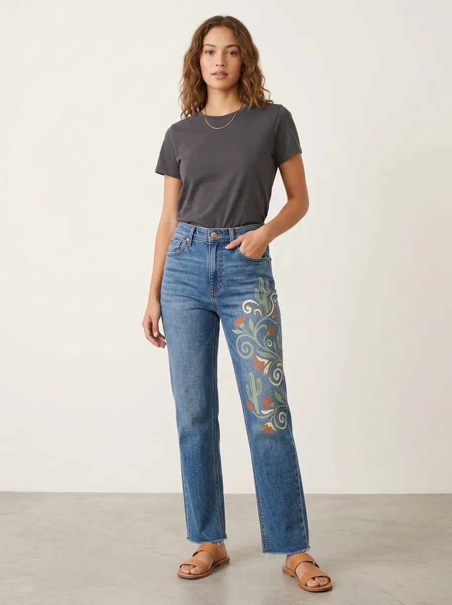 Women's Boho Cactus Floral Printed Straight Leg Jeans