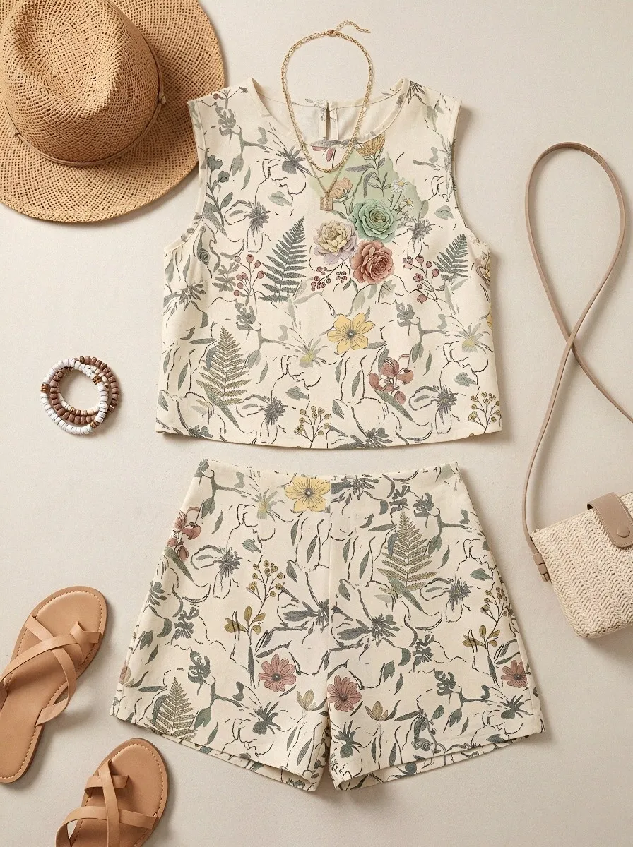 Women's Botanical Floral Fern Printed Sleeveless Short Set