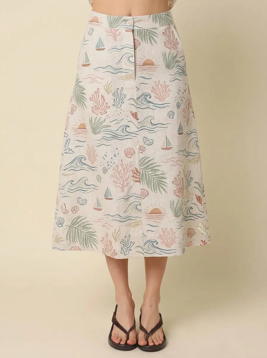 Women's Beach Vacation Ocean Coral Sailboat Printed Midi Skirt