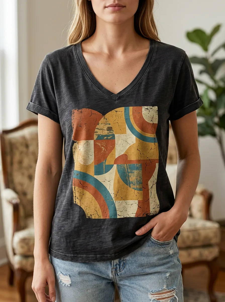 Women's Throwback Retro Geometric Abstract V-Neck T-Shirt