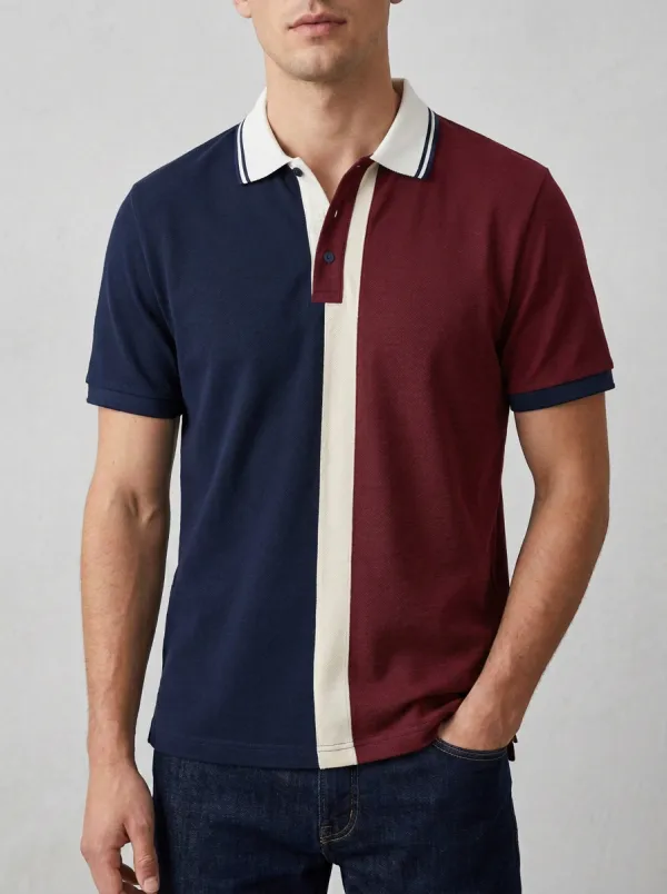 Men's Colorblock Contrast Panel Striped Polo Shirt