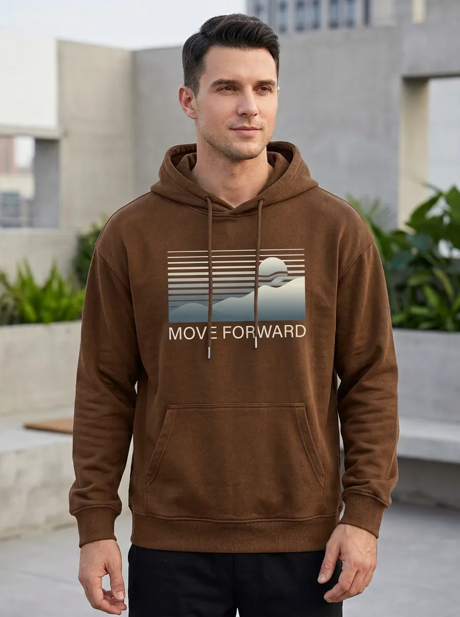 Men's Motivational Move Forward Mountain Sunset Print Hoodie
