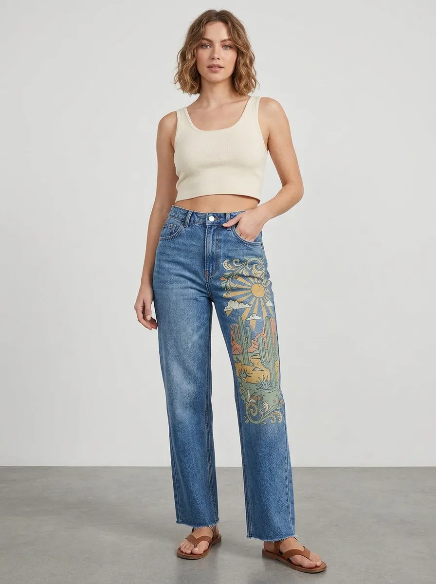 Women's Desert Boho Sun Cactus Printed Straight Leg Jeans