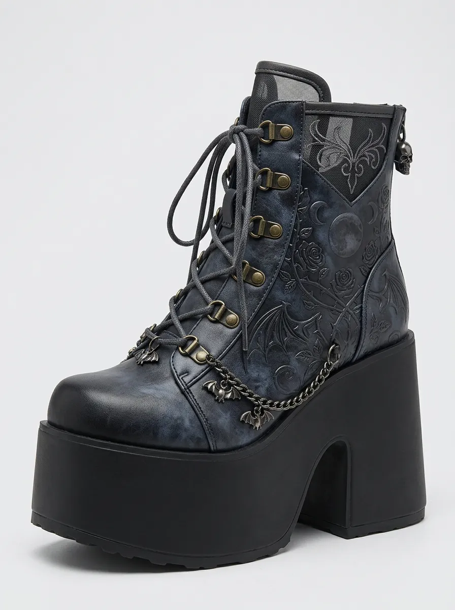 Nightfall Bat Rose Moon Alternative Look Women's Gothic Platform Boots