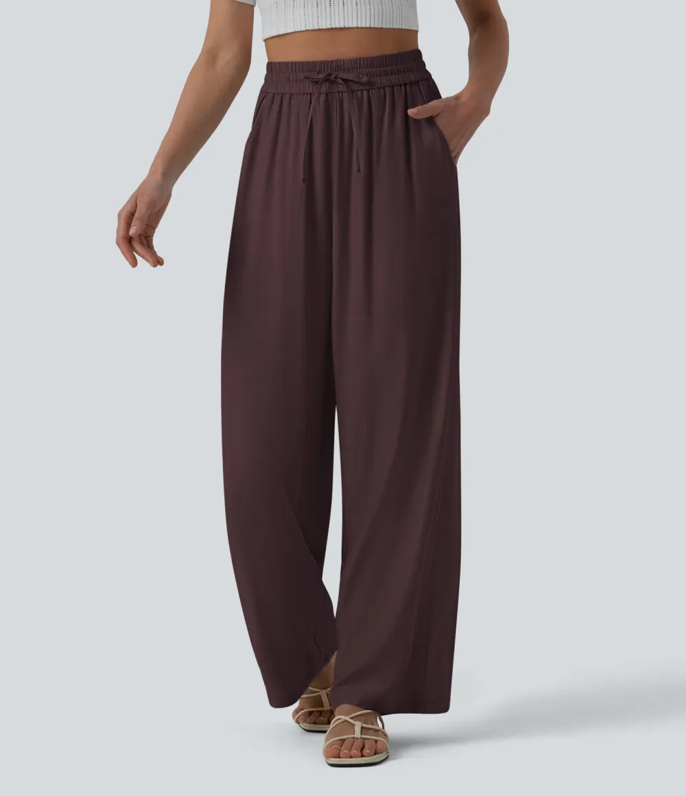 2026🔥High Waisted Drawstring Wide Leg Casual Linen-Blend Trousers with Pockets