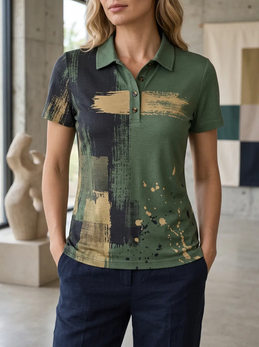 Women's Modern Abstract Brushstroke Paint Splatter Polo Shirt