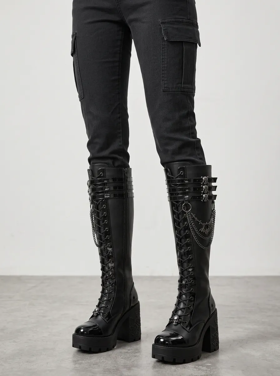 Occult-Inspired Skull Bat Lace Gothic Edit Women's Gothic Platform Knee High Boots