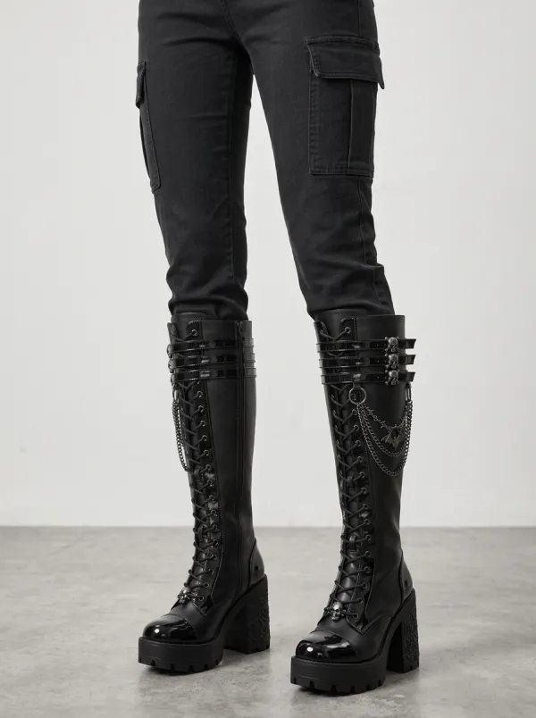 Occult-Inspired Skull Bat Lace Gothic Edit Women's Gothic Platform Knee High Boots
