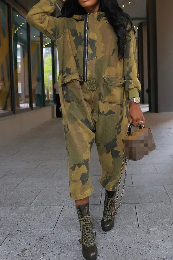 Camo Hooded Zip-Front Pocket Jumpsuit