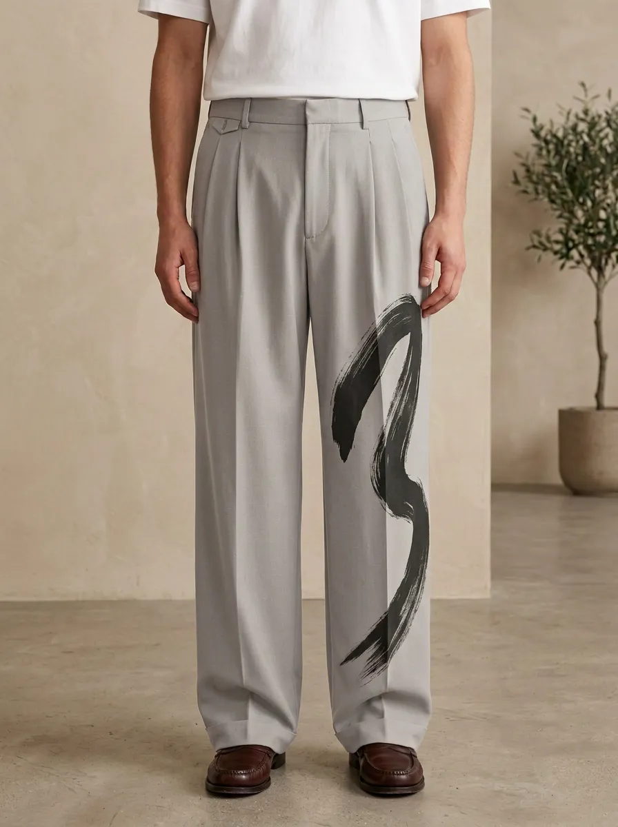 Men's Artistic Ink Brush Stroke Printed Wide Leg Trousers