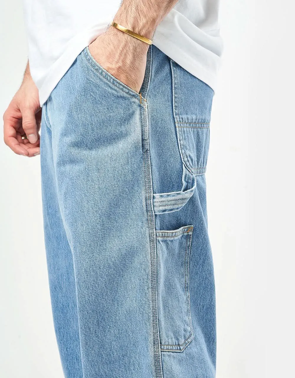 Stone Bleached Relaxed Single Knee Denim Jeans