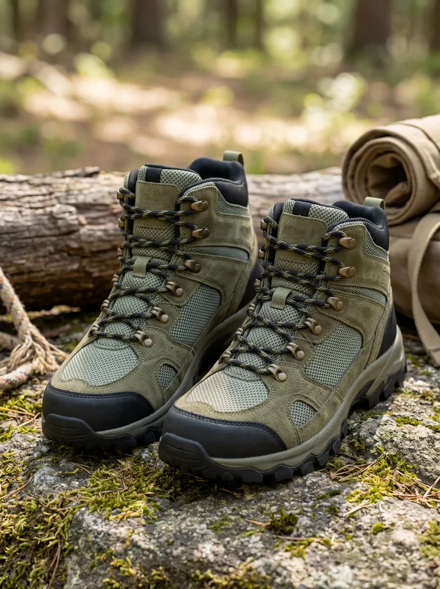 Unisex Rustic Outdoor Hiking Olive Green Suede Mesh Printed Boots