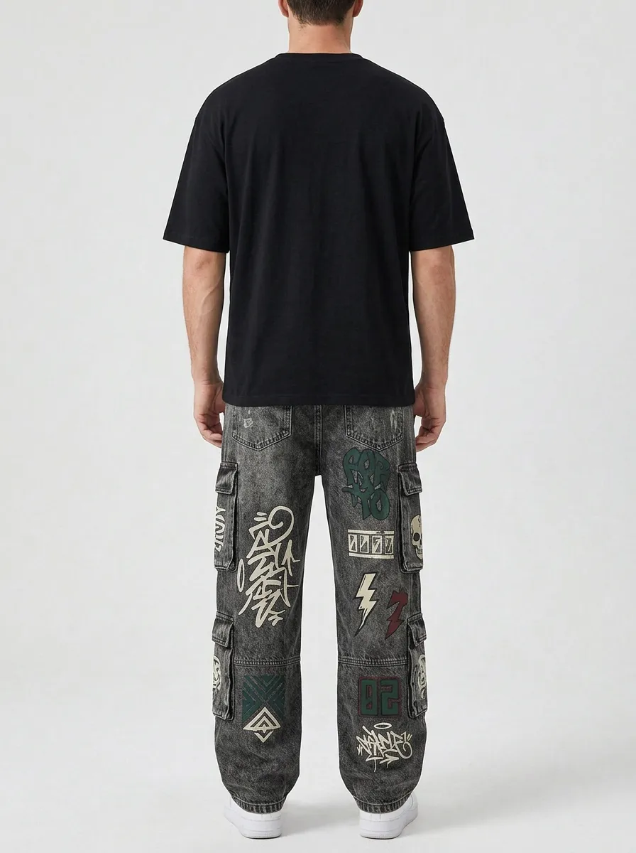 Unisex Urban Streetwear Graffiti Skull Cargo Jeans
