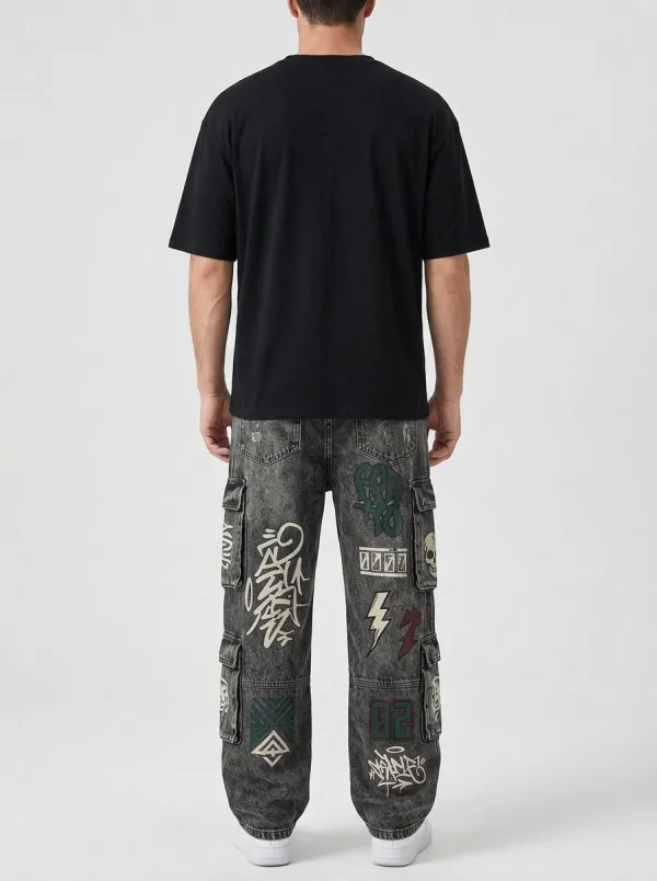 Unisex Urban Streetwear Graffiti Skull Cargo Jeans