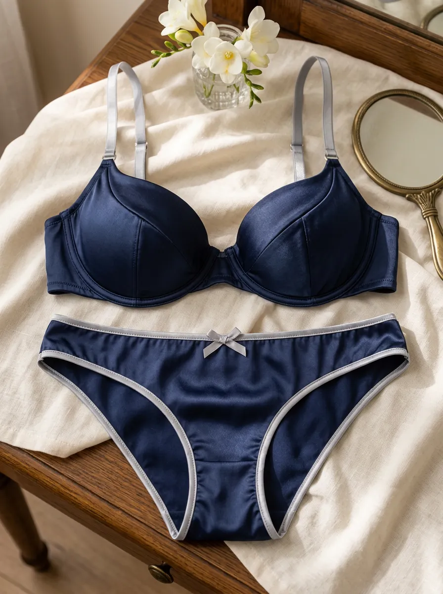Women's Satin Bow Trimmed Satin Lingerie Set