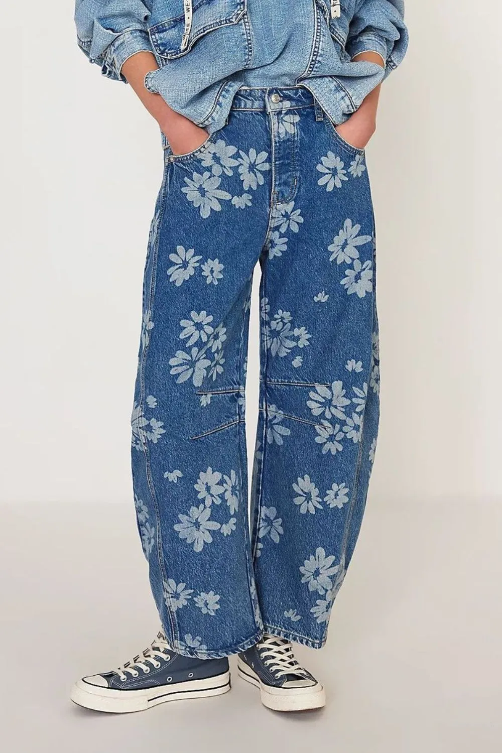 Denim Floral Print Wide Leg Pocketed Jeans