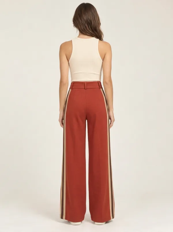 Women's High-Rise Pocket-Free Pleated Side-Stripe Wide-Leg Trousers