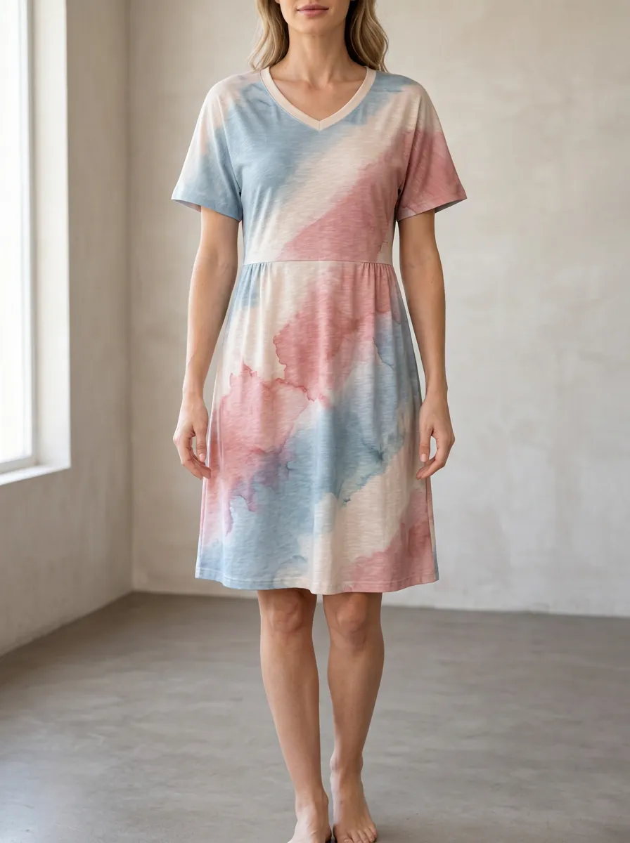 Women's Casual Summer Blue Pink Watercolor Printed V-Neck Dress