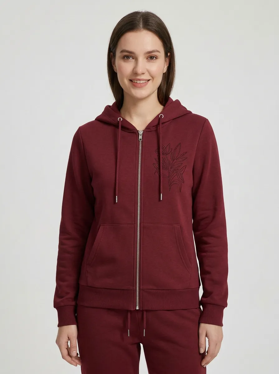 Women's Sage Green Floral Embroidered Relaxed Zip-Up Hoodie Jacket & Jogger Set