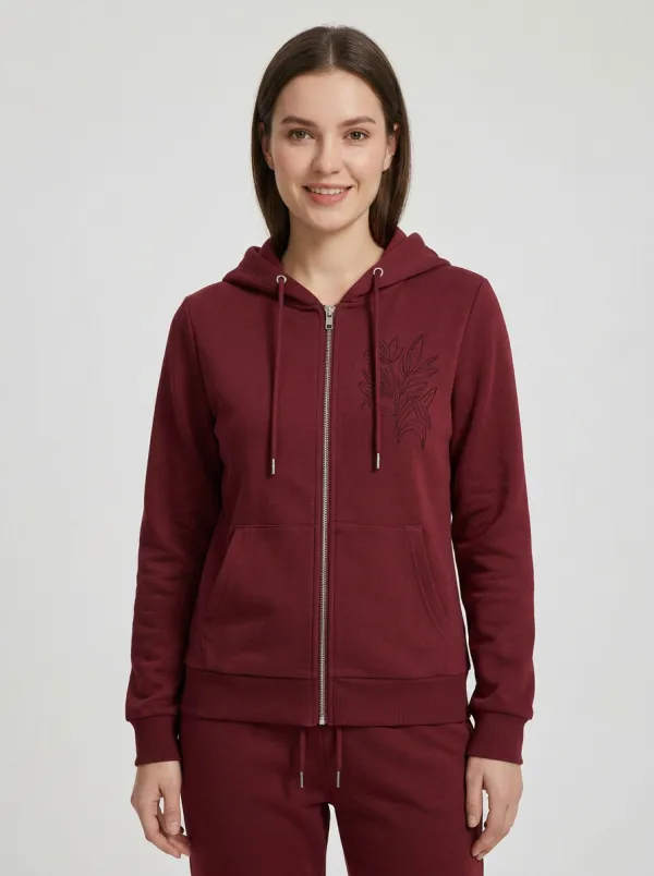 Women's Sage Green Floral Embroidered Relaxed Zip-Up Hoodie Jacket & Jogger Set