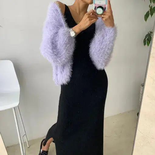 Plush Checkered Puff Sleeve Outerwear Coat