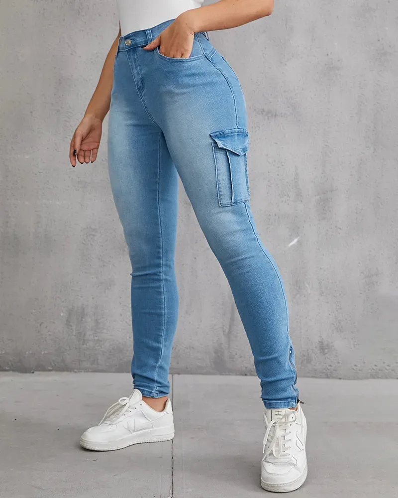 Flap Pocket Zipper Side Skinny Jeans
