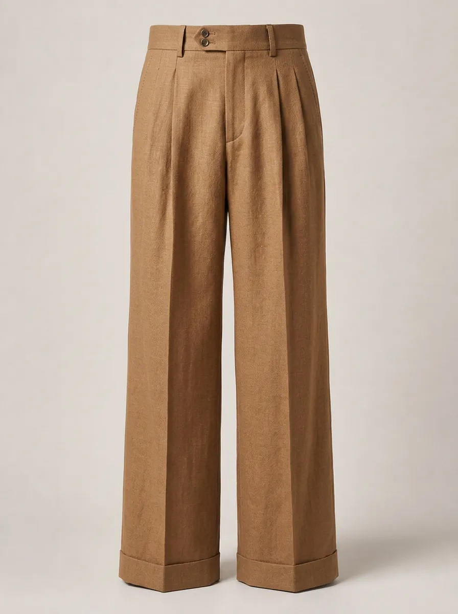 Men's Classic Brown Pleated Wide Leg Tailored Trousers