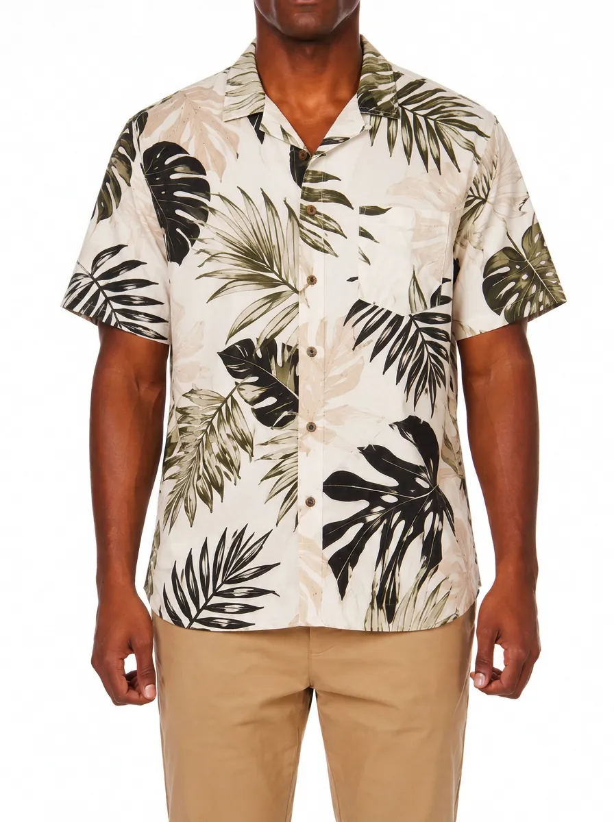 Men's Tropical Leaf Print Camp Collar Shirt with All-Over tropical leaf print pattern