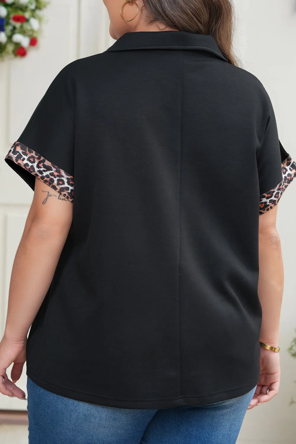 Women's Leopard Print Patchwork Zip Front Top