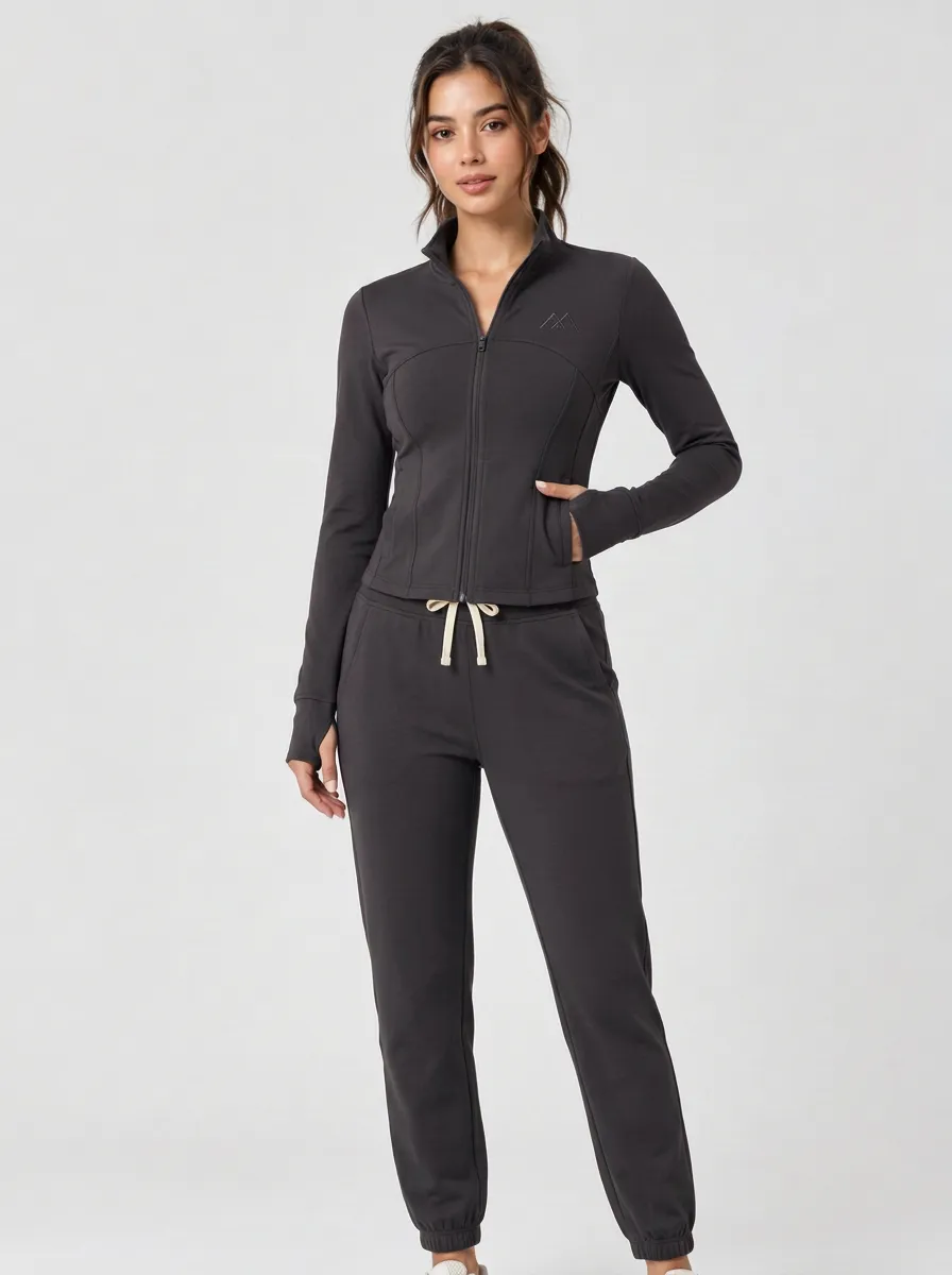 Women's Athletic Fitness Dark Green Zip-Up Tracksuit Set