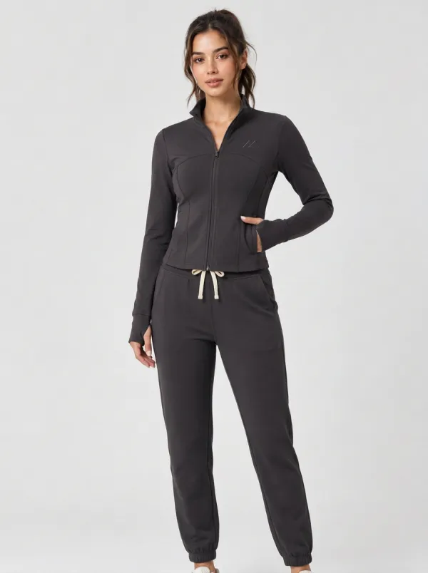 Women's Athletic Fitness Dark Green Zip-Up Tracksuit Set