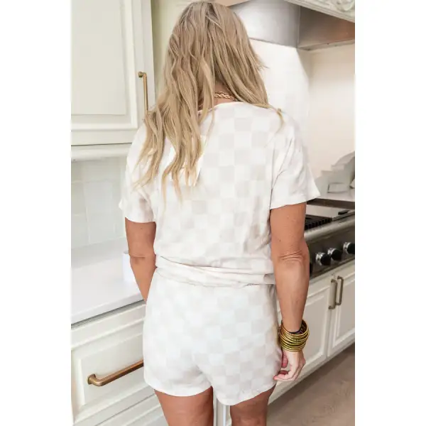 Checkered V Neck Tee Drawstring Shorts Lounge Set