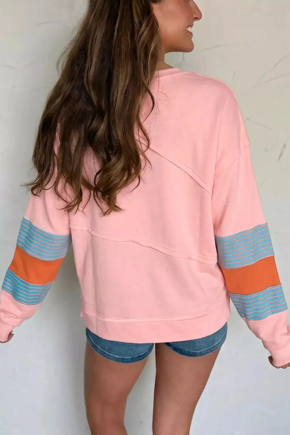 Long Sleeve Round Neck Color Block Blouse