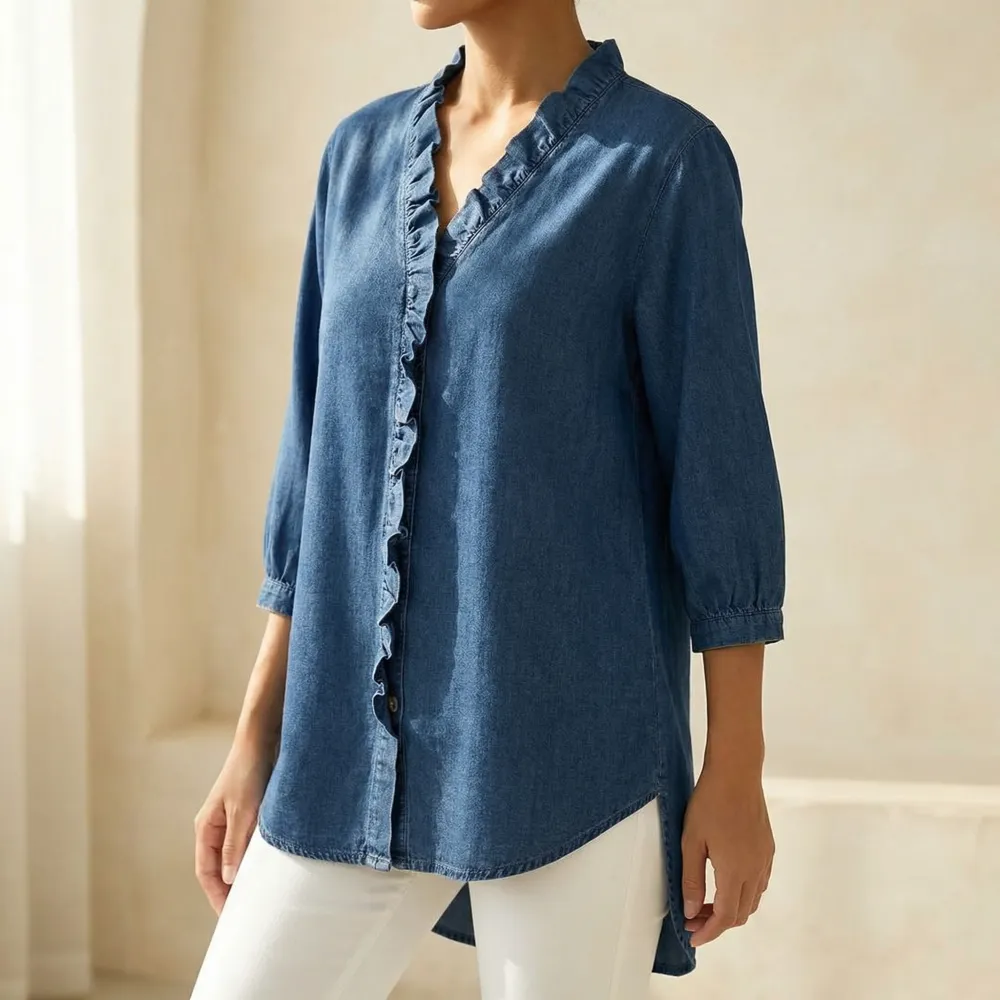 Ruffle V Neck Denim Blouse