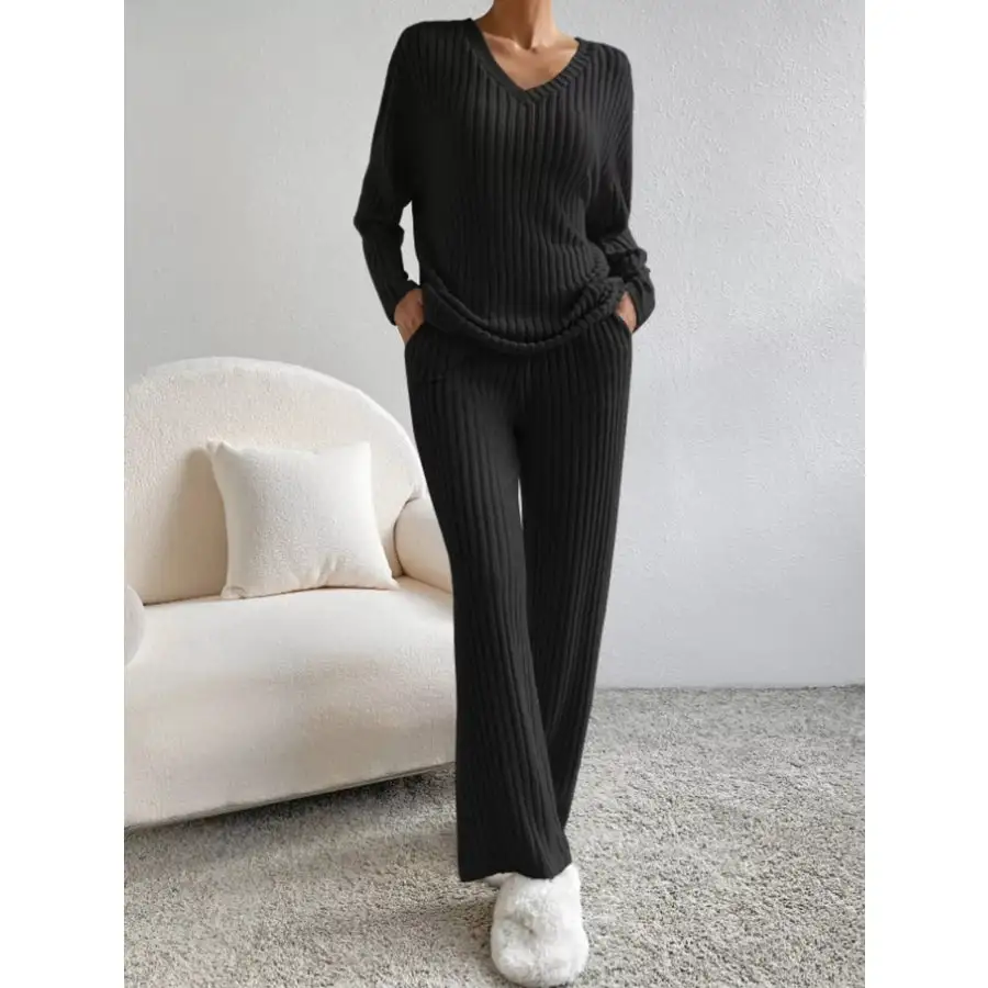 Classic Ribbed Knit Long Sleeve Top and Pants Set